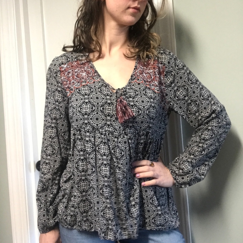 Boho Embroidered Tassel Blouse